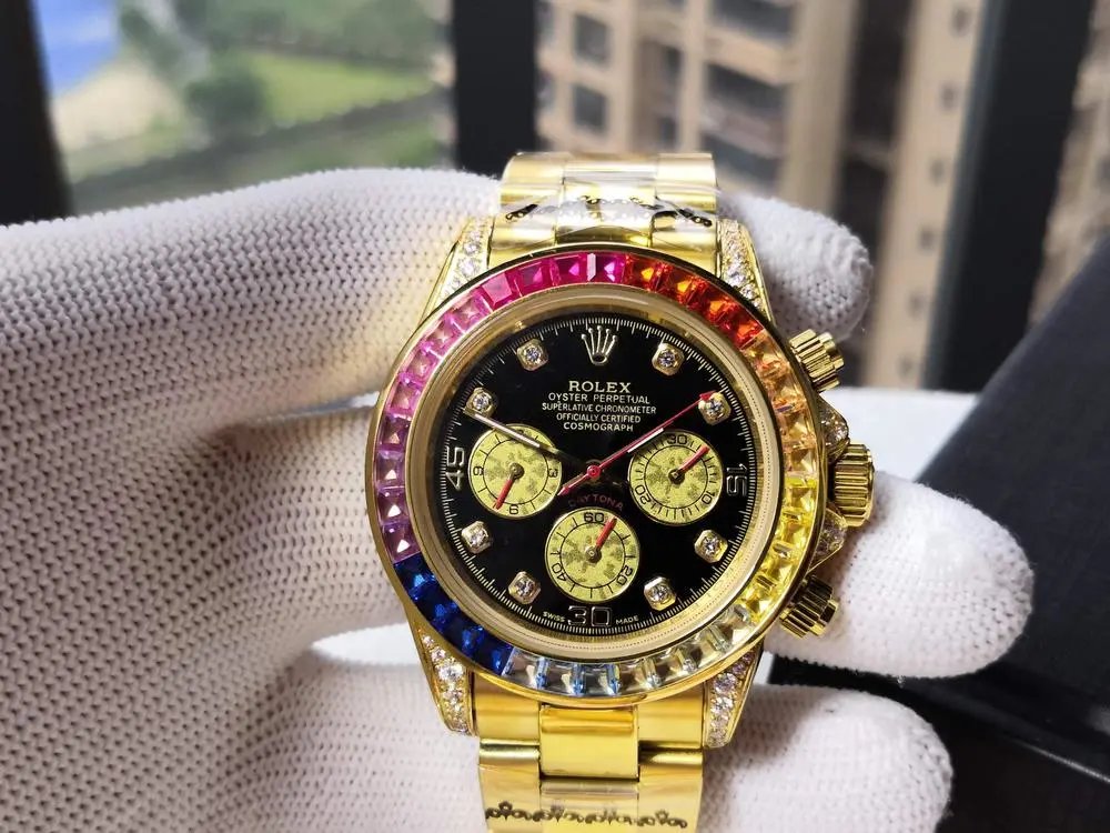 Rolex Daytona rainbow bezel gold wristwatch — W2CFinds curated find