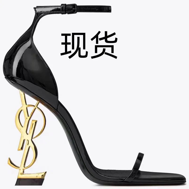 方头10cmYS字母跟黑色一字带凉鞋欧美2024新款