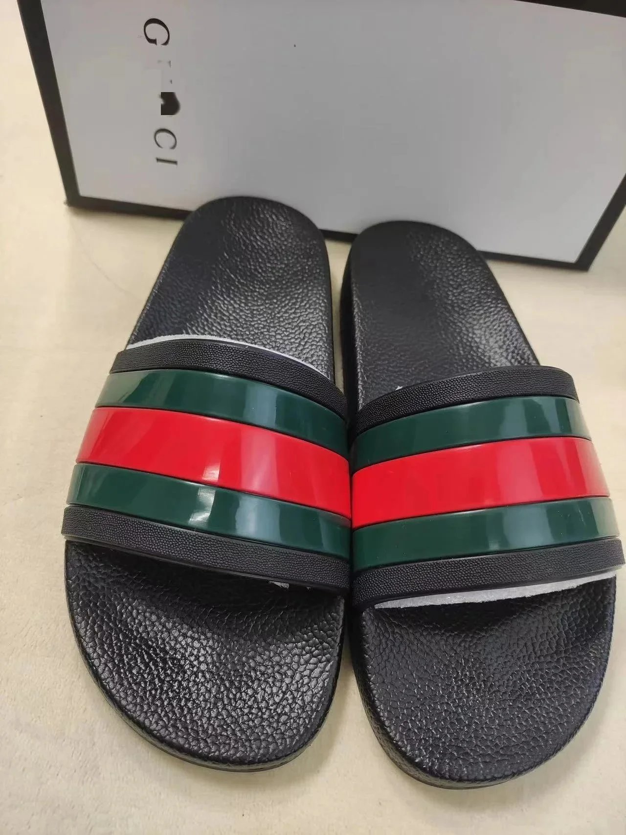 Gucci Black Rubber Slide Sandal with Red and Green Web Stripe - 144696