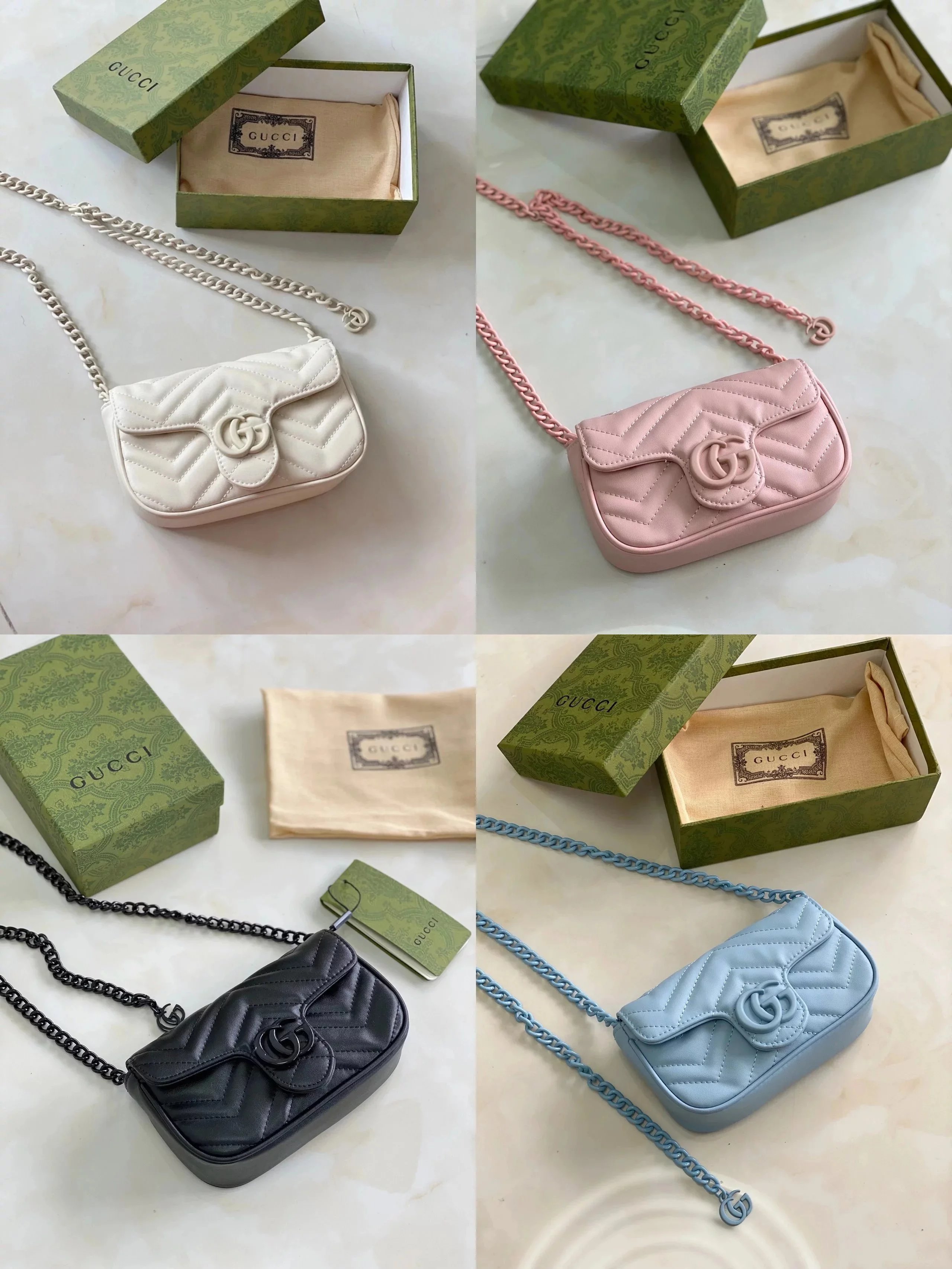 【Filled with cute】GUCCI Gucci GG Marmont Series Waist Bag mini Bag Love Bag Chain Square Bag Shoulder Crossbody Waist Bag Women's 16.5cm Marmont Bag Macaroon