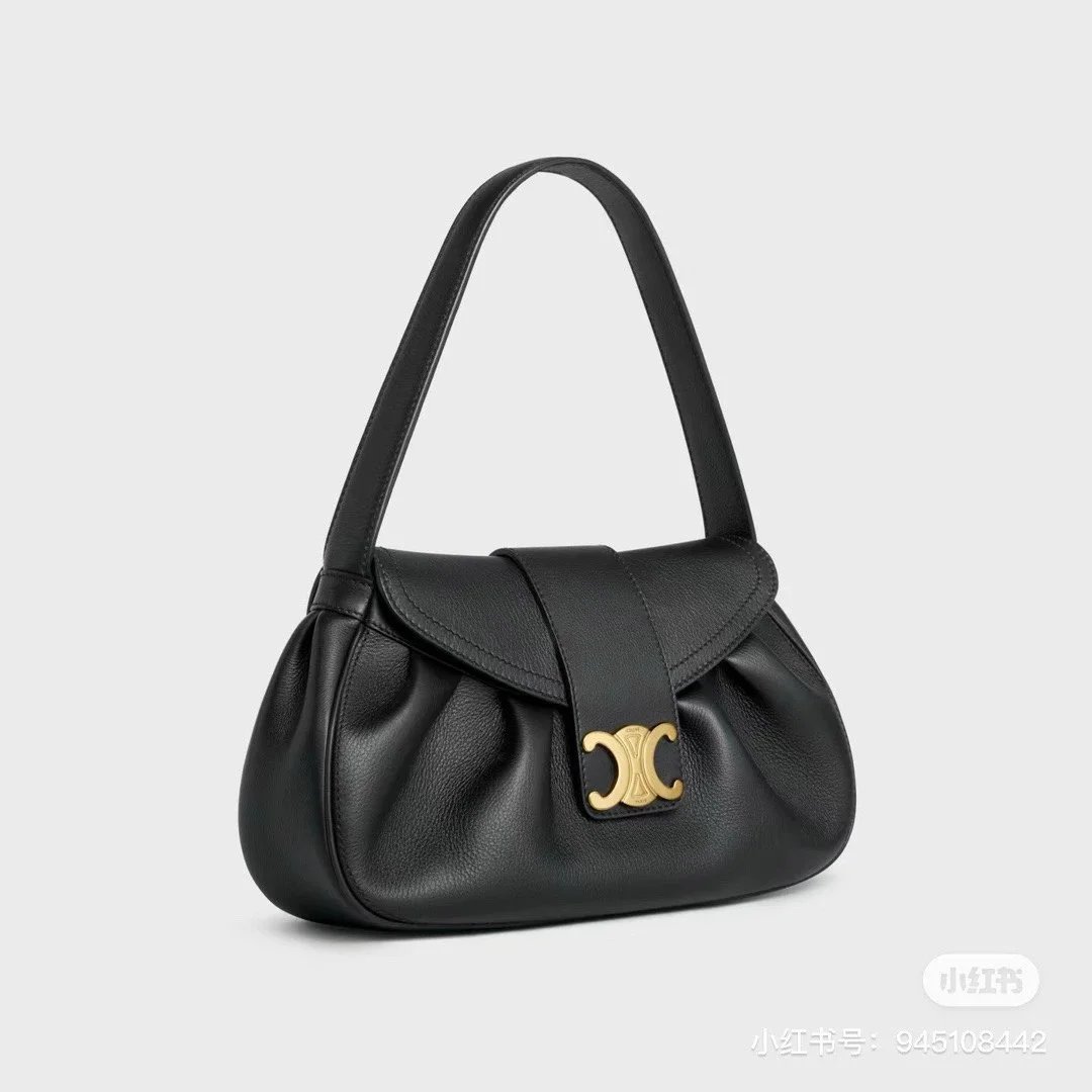 Celine 2024 New Polly Triomphe Shoulder Bag Large Capacity Vintage Ruched Cloud Bag Leather Shoulder Baguette Bag