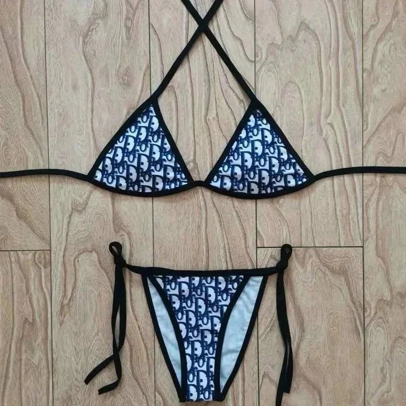 Dior Oblique Print Blue White Triangle Bikini Set