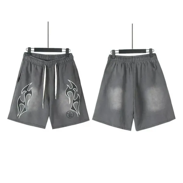 Design Flame Print Washed Gray Shorts - 1