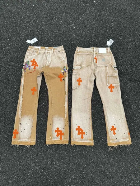 Gallery Dept Art On Denim Distressed Cross Motif Beige Jeans - 1