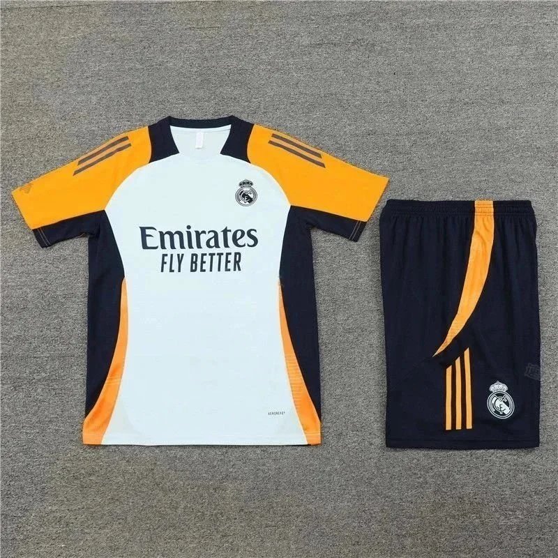 Real Madrid White Orange Jersey and Shorts Set