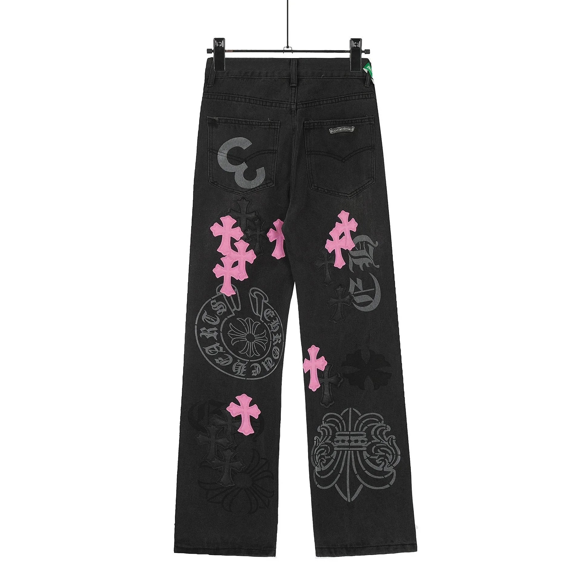Cross Motif Embroidered Denim Jeans Multicolor Streetwear