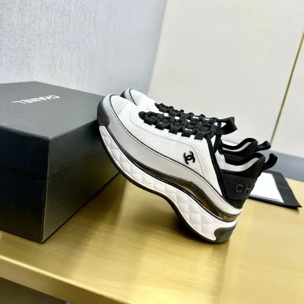 Chanel CC Logo Tweed Chunky Sneakers Black White - 20