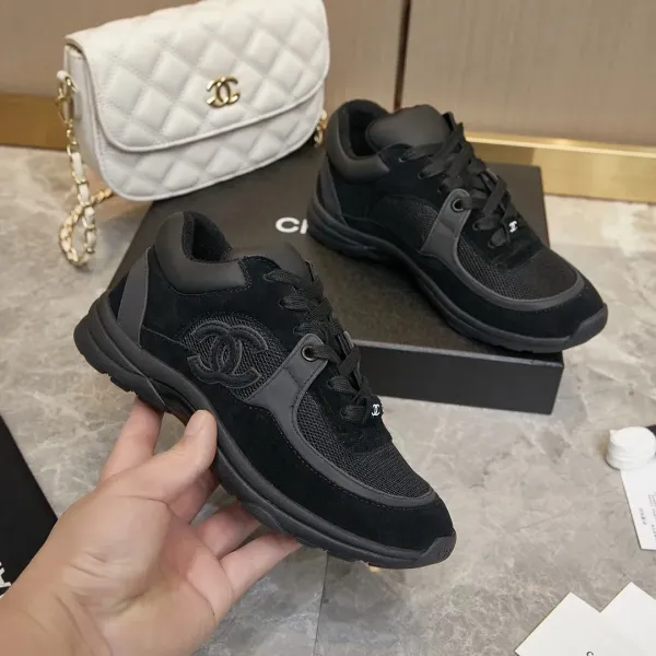 Chanel CC Logo Tweed Chunky Sneakers Black White - 16