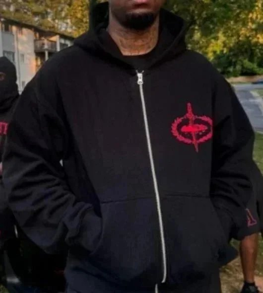Black Zip-Up Hoodie with Red Logo