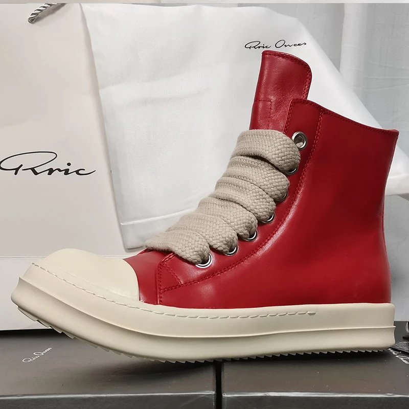 Red High Top Leather Sneakers with Beige Rope Laces and White Sole