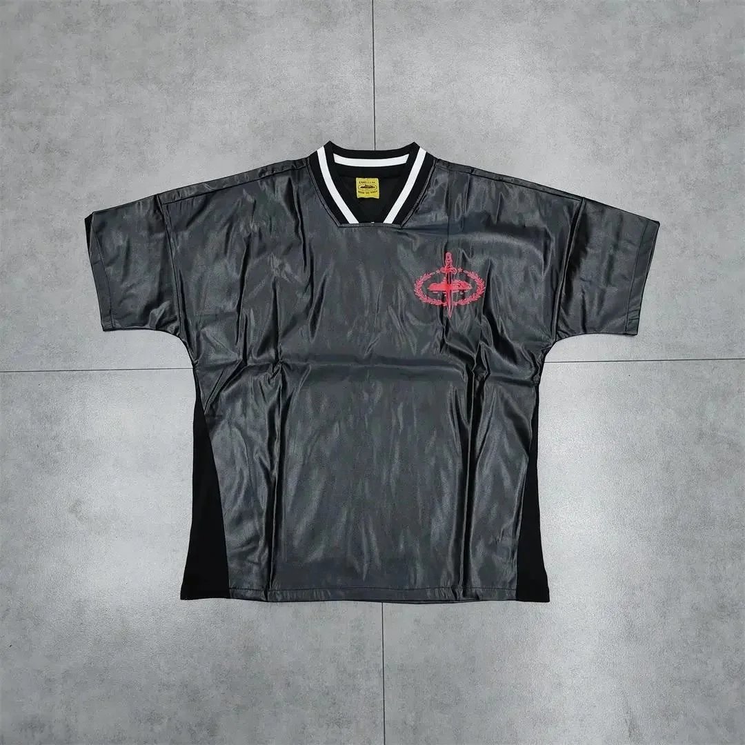 Slaughter Gang Leather Texture V-Neck Short Sleeve Graphic Tee