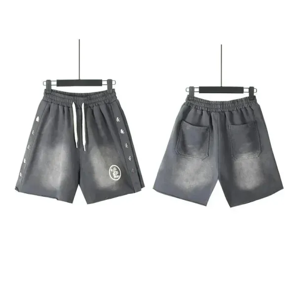 Design Distressed Denim-Style Shorts with Side Studs and Embroidered Patch Gray Shorts - 1