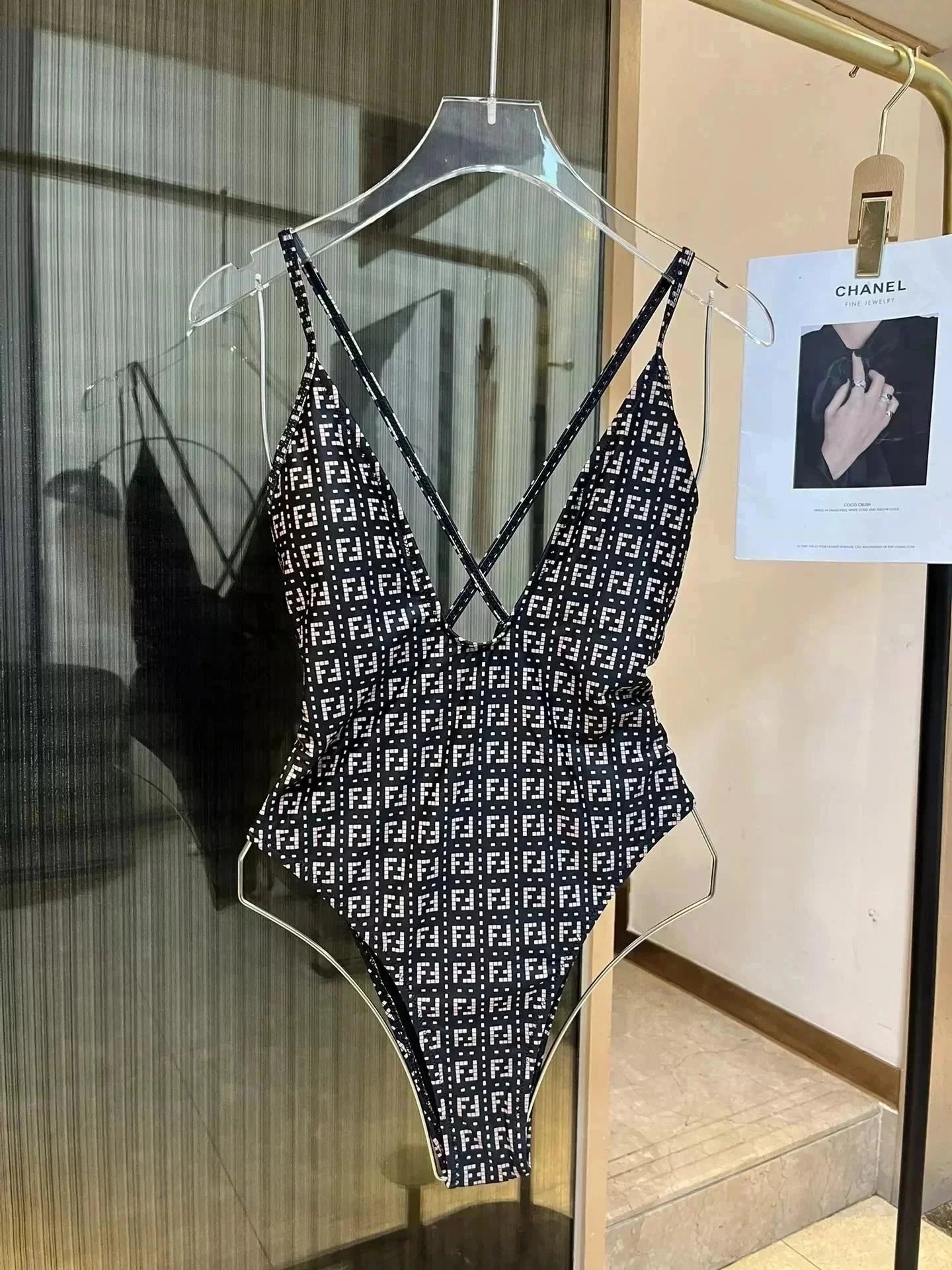 Fendi FF Logo Beige Black Monogram One Piece Swimsuit