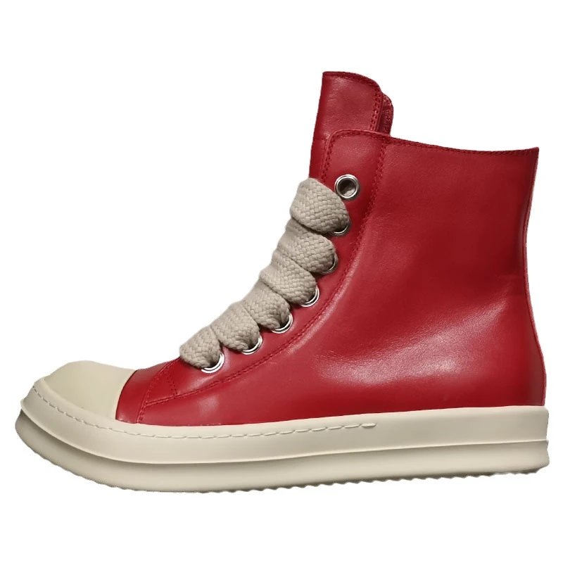 Red High Top Leather Sneakers with Beige Rope Laces and White Sole