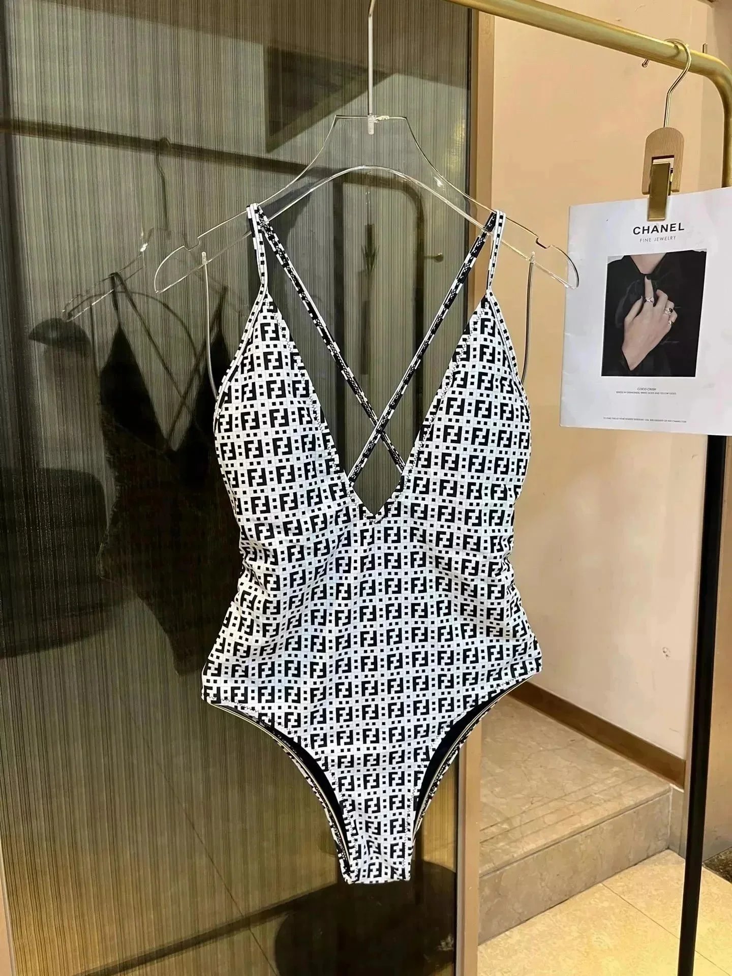Fendi FF Logo Beige Black Monogram One Piece Swimsuit
