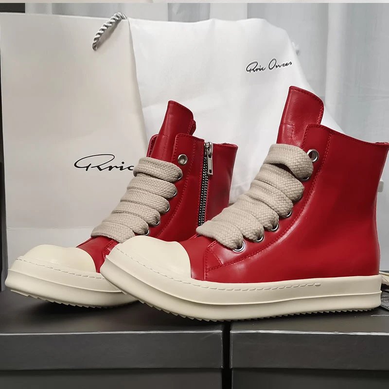 Red High Top Leather Sneakers with Beige Rope Laces and White Sole