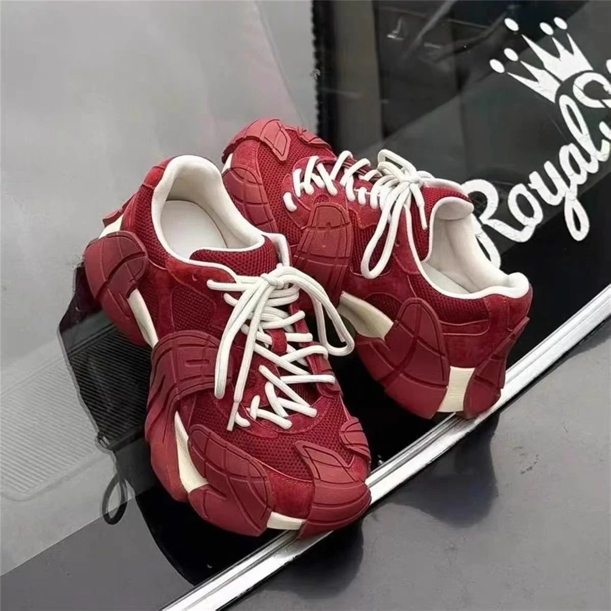 Chunky Mesh Sneakers White Beige Red Oversized Sport Style