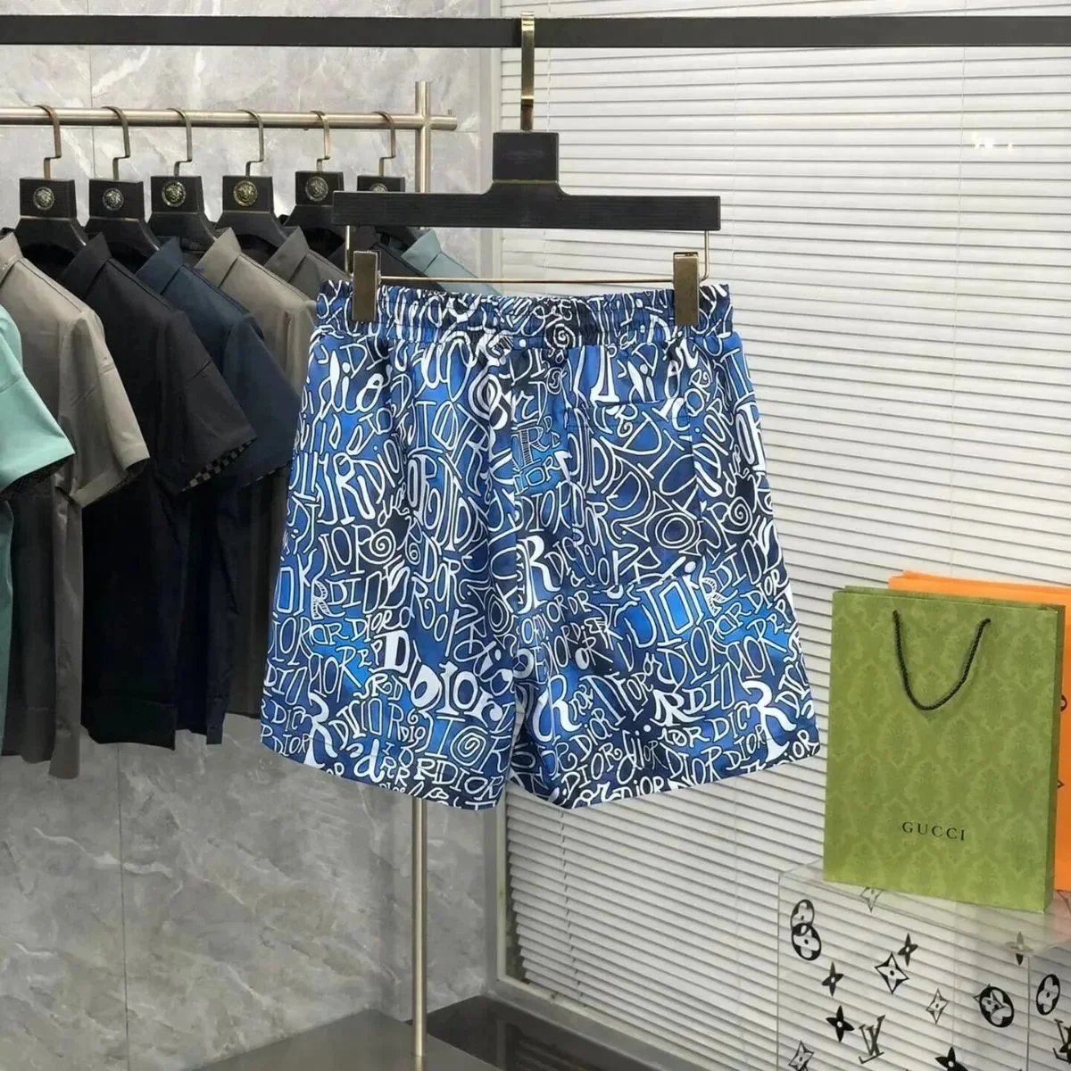 Dior Graffiti Print Blue Black Logo Shorts