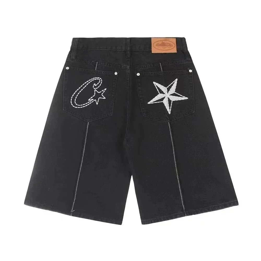Black Denim Shorts with Embroidered Pockets