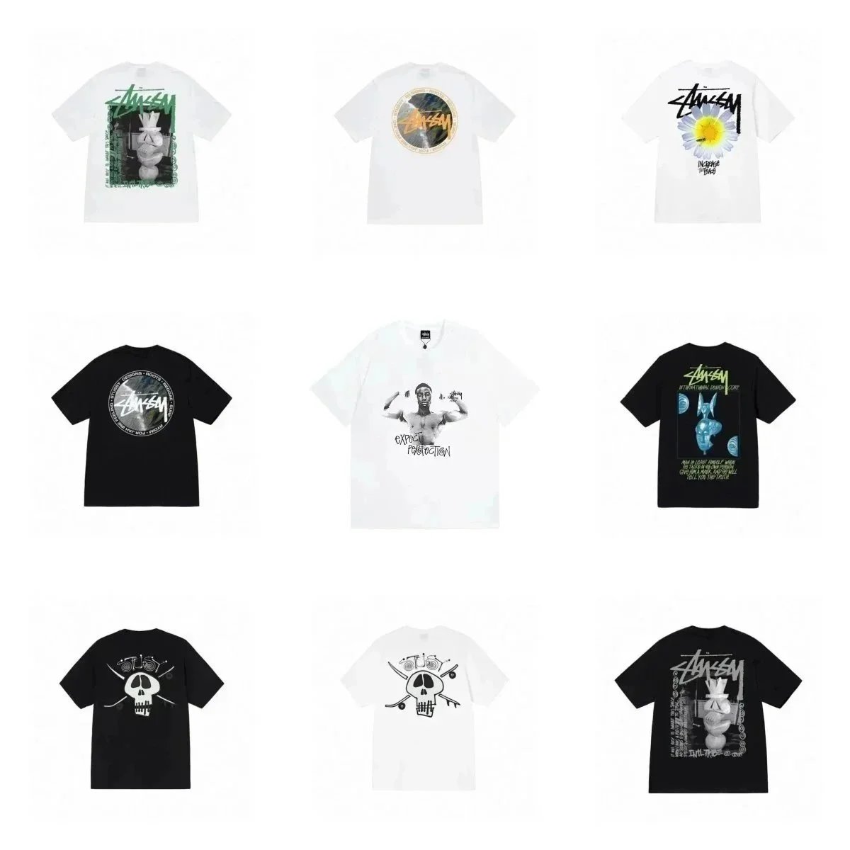 Stussy White and Black Graphic T-Shirt Collection