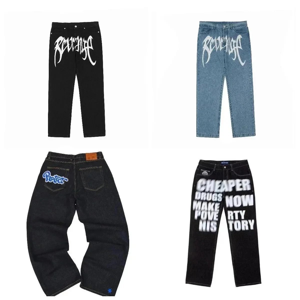 Revenge Black and Blue Denim Jeans with Graphic Prints