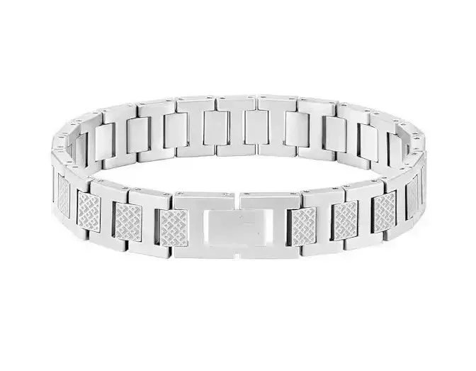 Stainless Steel Link Bracelet with Textured Panels Silver Bracelet