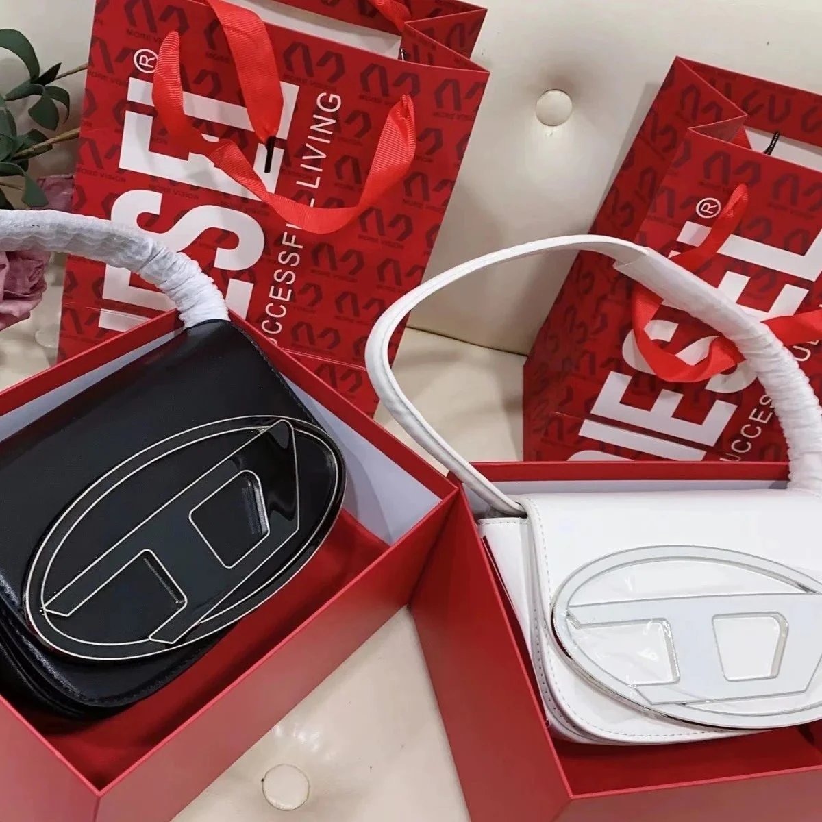 Diesel Logo Patch Mini Shoulder Bag White Red Pink - 2