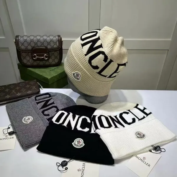 Moncler Logo Knit Beanie in Black, White, Gray, and Beige - 1