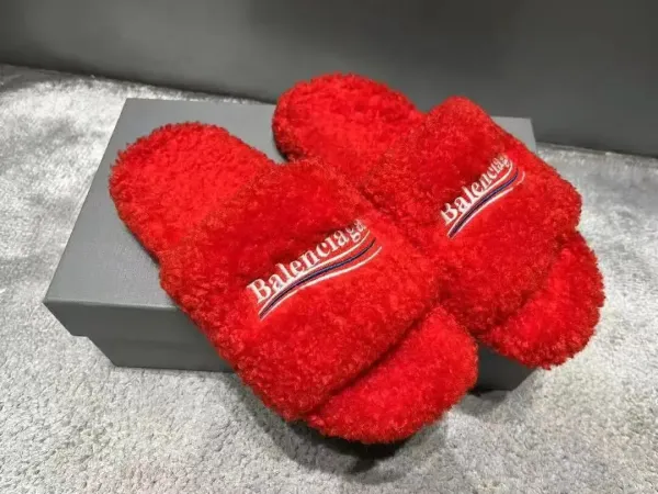 Balenciaga Teddy Slippers Red Fuzzy Slippers - 1