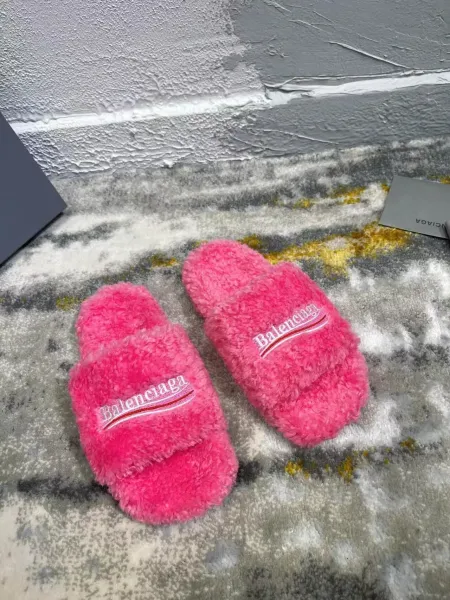 Balenciaga Teddy Slippers Pink Fuzzy Slide Sandals - 1