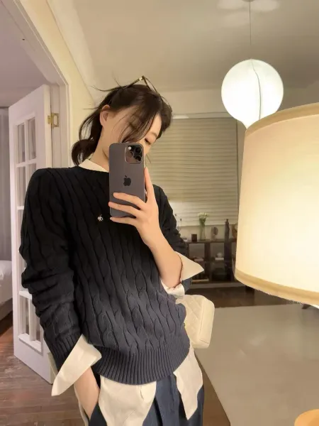 Design Cable Knit Oversized Sweater in Charcoal Gray with White Collar Shirt Layering - 1