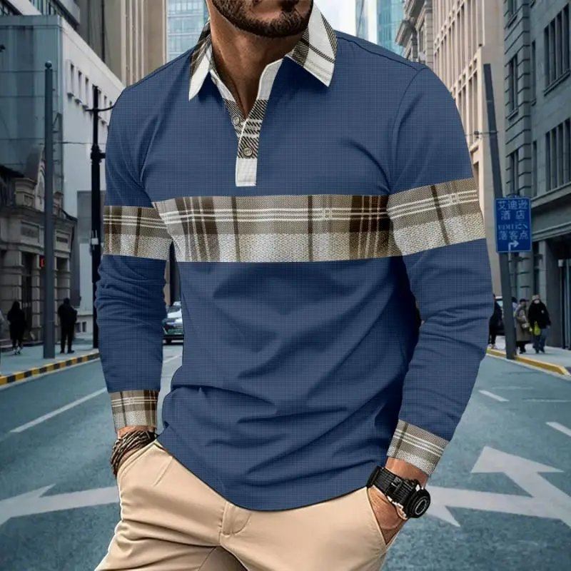 Polo-Style Long Sleeve Plaid Panel Shirt T-Shirt