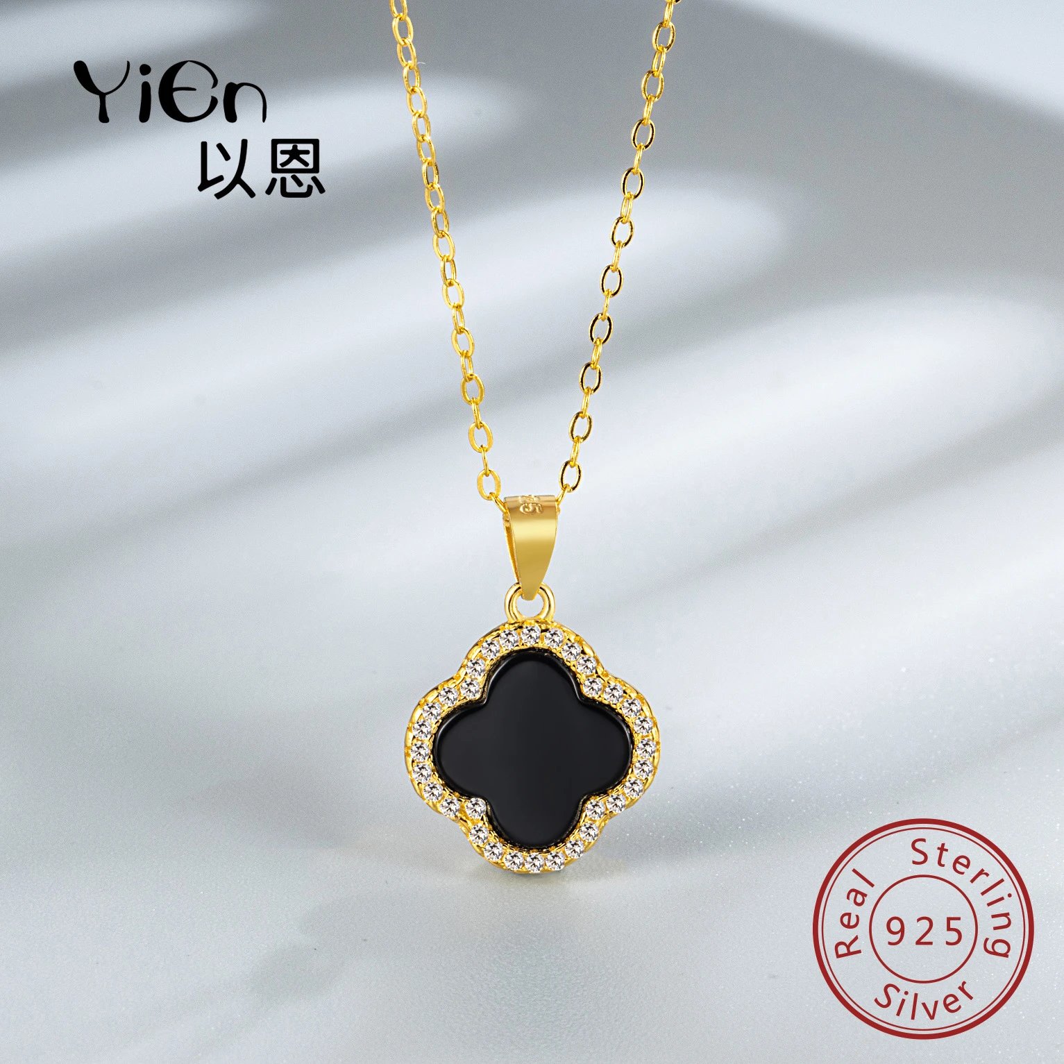 Yien Clover-Shaped Black Onyx Pendant Necklace With Cubic Zirconia Accents T-Shirt