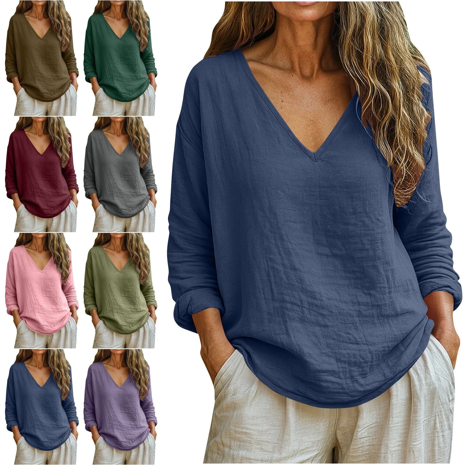 V-Neck Long Sleeve Loose Top T-Shirt