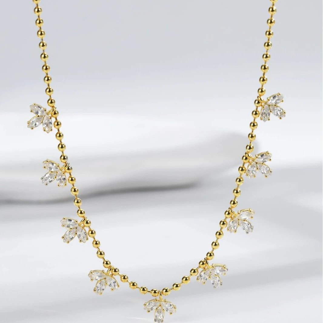 Gold-Plated Marquise Crystal Floral Drop Necklace T-Shirt