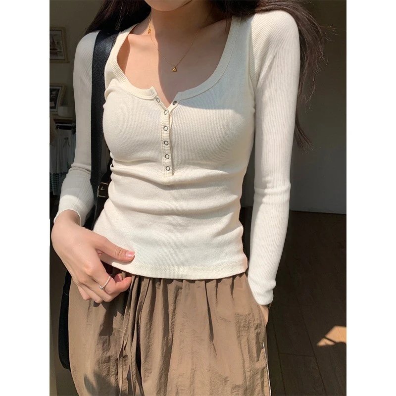 Ribbed Henley Long Sleeve Top T-Shirt
