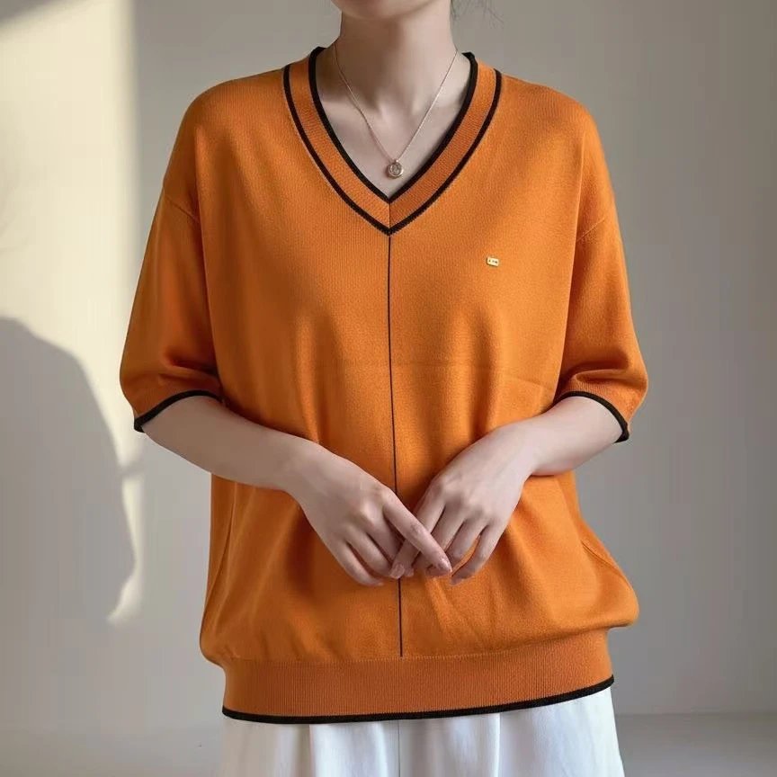 Orange V-Neck Knit Sweater Hoodie