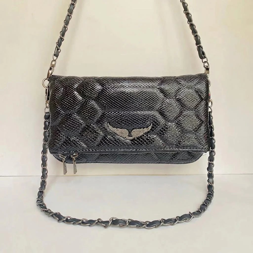 Unbranded Crossbody Bags Wing-Emblem Chain-Strap Tassel Bag — Serpentine Embroidery Black