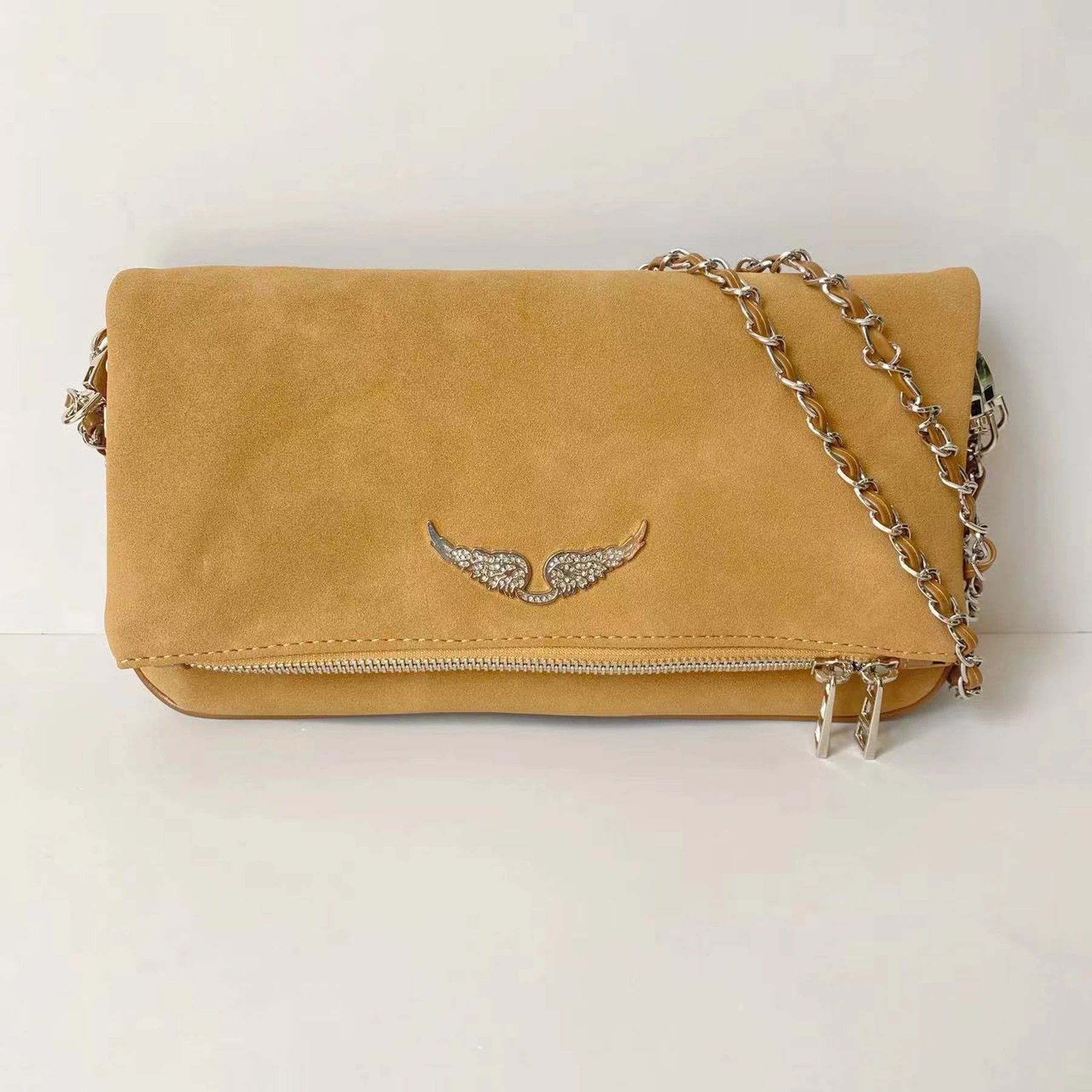 Unbranded Crossbody Bags Wing-Emblem Chain-Strap Tassel Bag — Brown velvet fabric-1