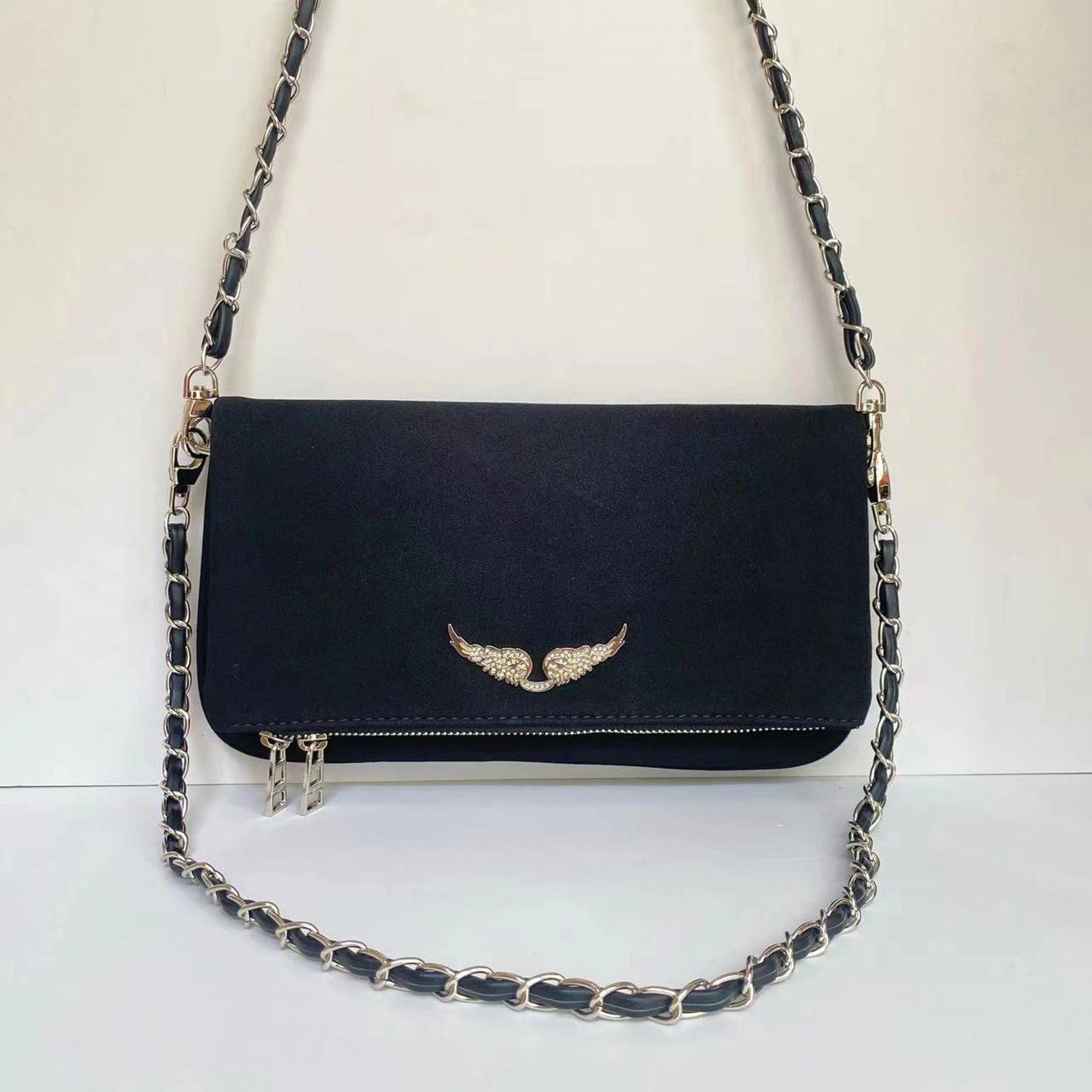 Unbranded Crossbody Bags Wing-Emblem Chain-Strap Tassel Bag — Black velvet fabric