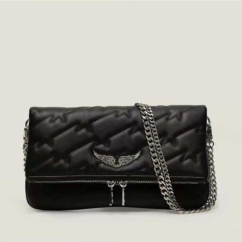 Unbranded Crossbody Bags Wing-Emblem Chain-Strap Tassel Bag — Lightning Embroidery Black