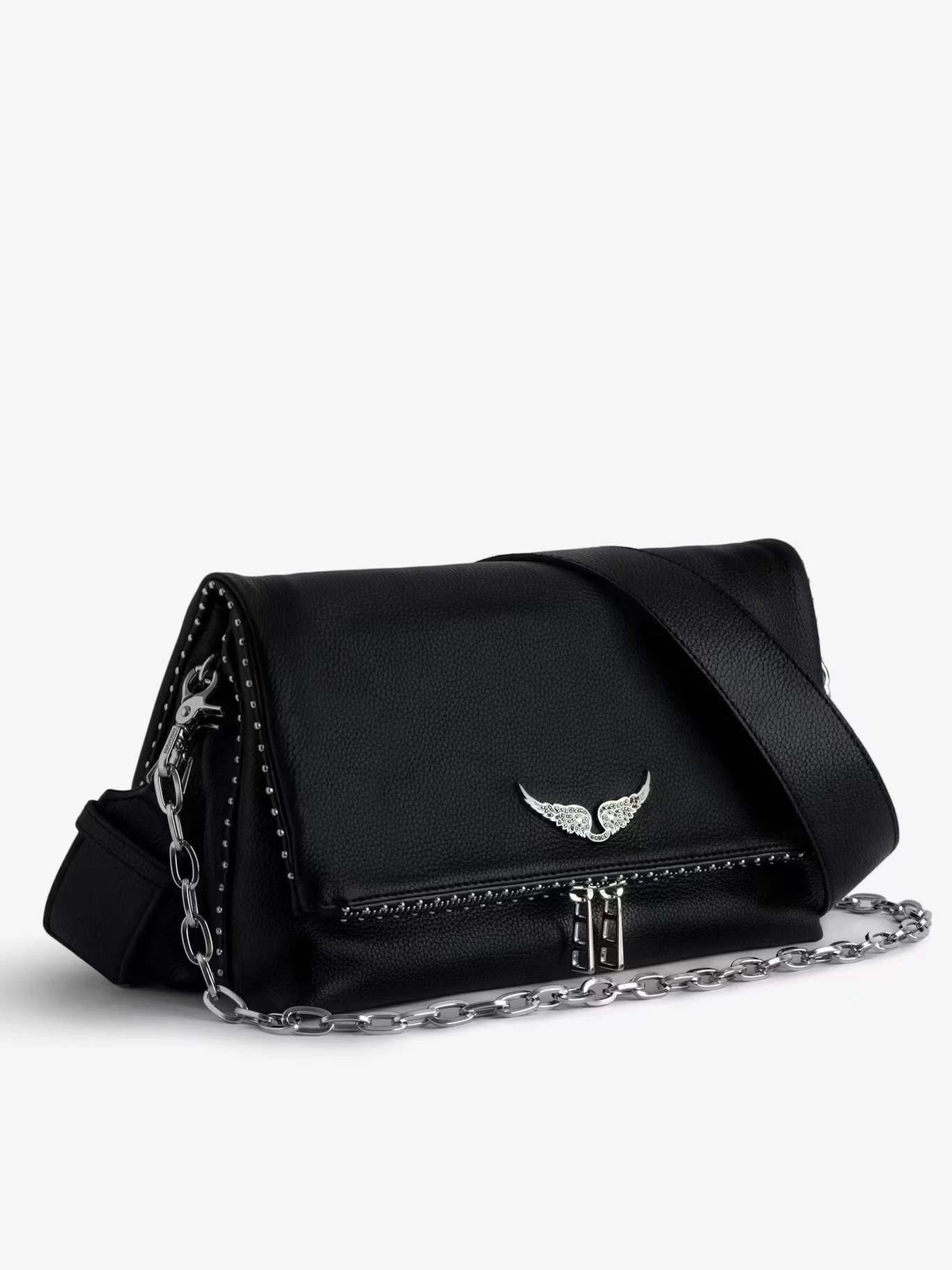 Unbranded Crossbody Bags Wing-Emblem Chain-Strap Tassel Bag — Double-layered black with studs
