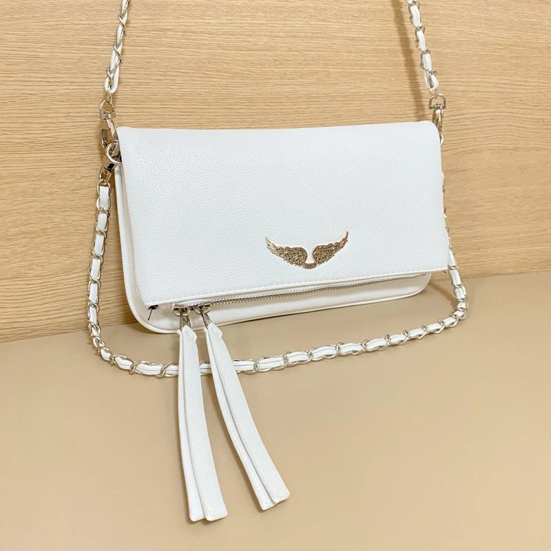 Unbranded Crossbody Bags Wing-Emblem Chain-Strap Tassel Bag — All white