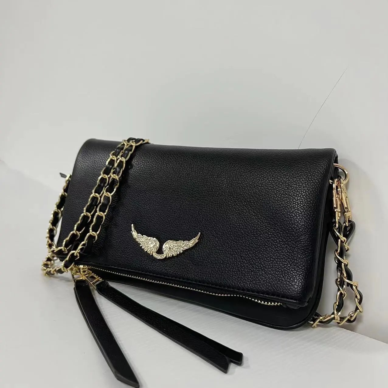 Unbranded Crossbody Bags Wing-Emblem Chain-Strap Tassel Bag — Golden black
