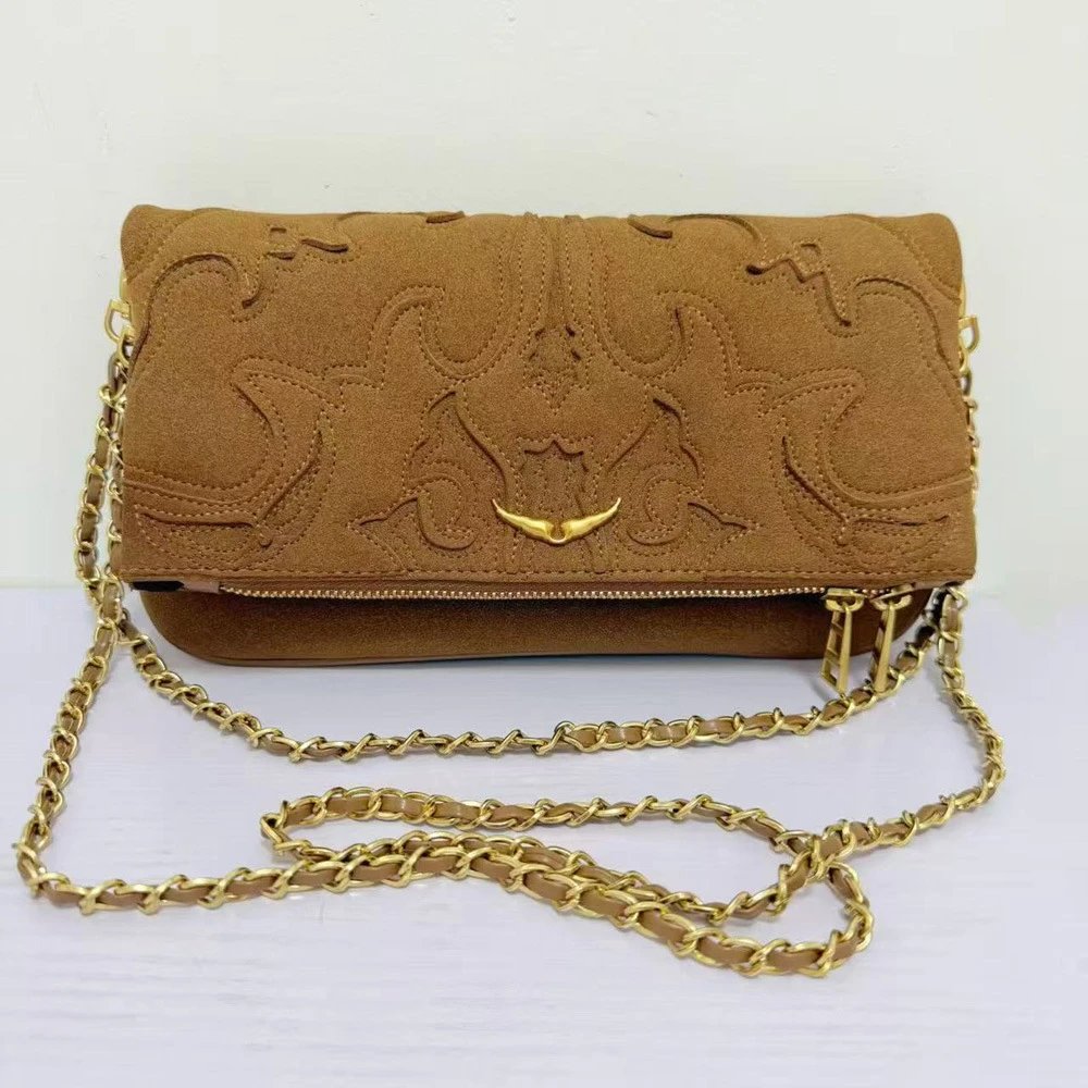 Unbranded Crossbody Bags Wing-Emblem Chain-Strap Tassel Bag — Brown velvet fabric-2