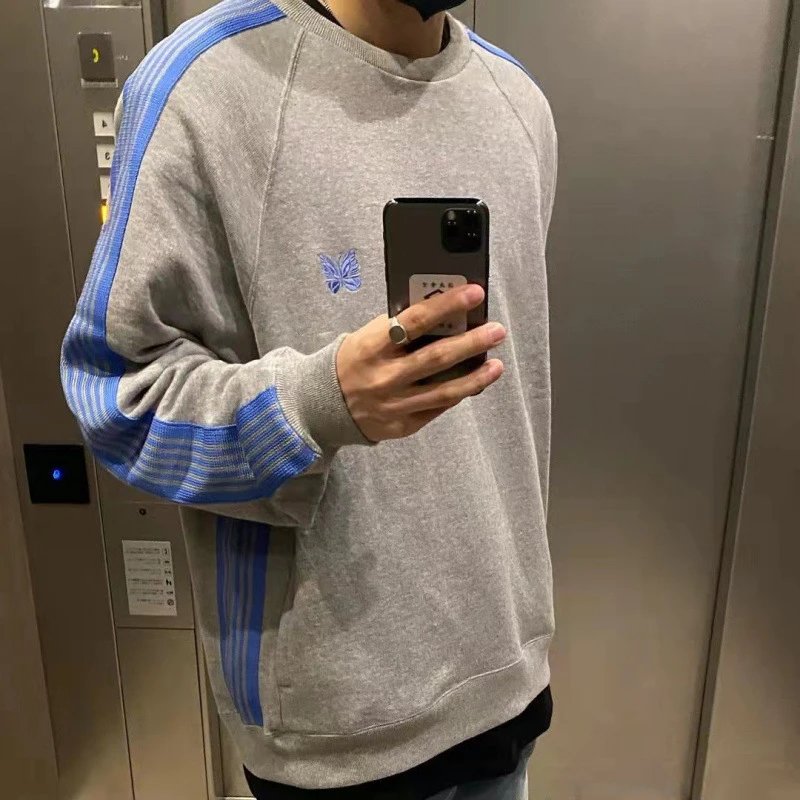 Design Butterfly Embroidery Raglan Sleeve Sweatshirt Gray with Blue Stripes - 1