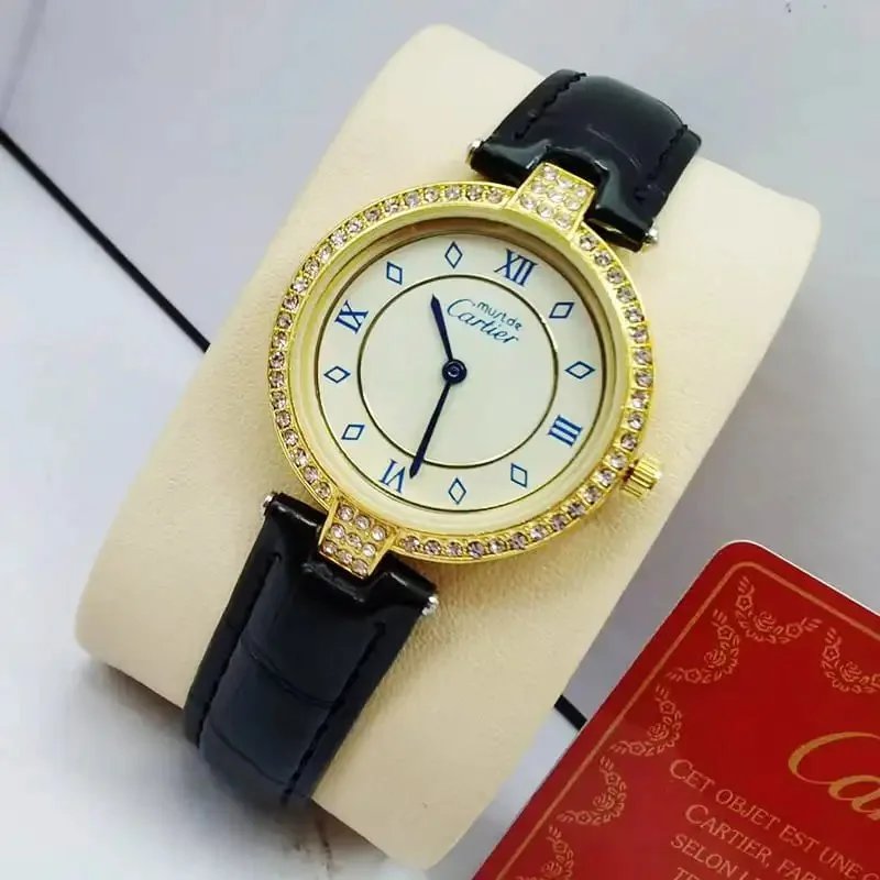 Cartier Must de Cartier Gold-Tone Crystal-Set Watch with Black Leather Strap - 1