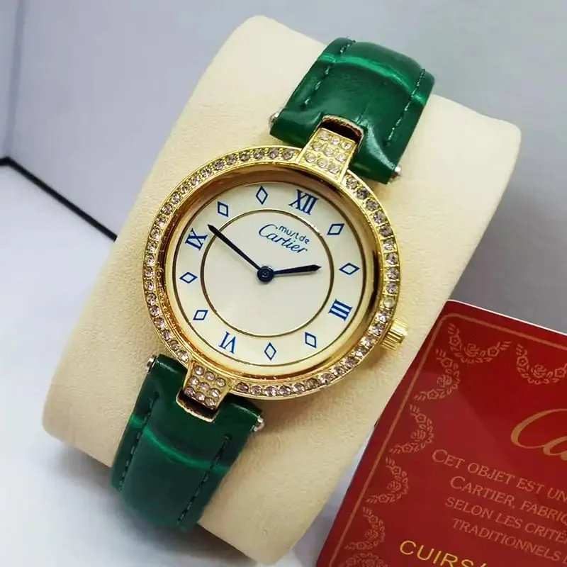 Cartier Must de Cartier Round Watch Green Leather Gold-Tone Crystal Bezel - 1