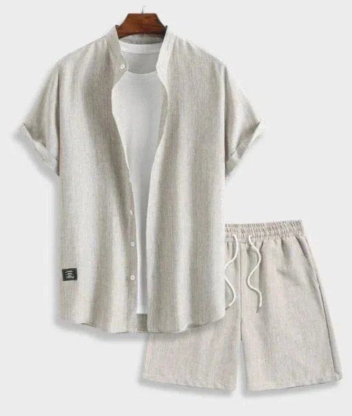 Linen Blend Short-Sleeve Shirt and Drawstring Shorts Set Beige