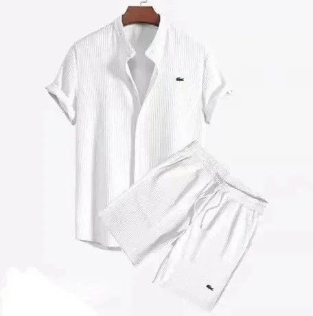 Lacoste Short-Sleeve Striped Shirt and Shorts Set White